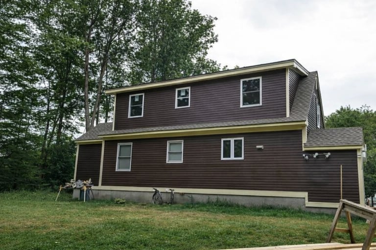 Two-story brown house with white trim and multiple windows on a grassy lot surrounded by trees